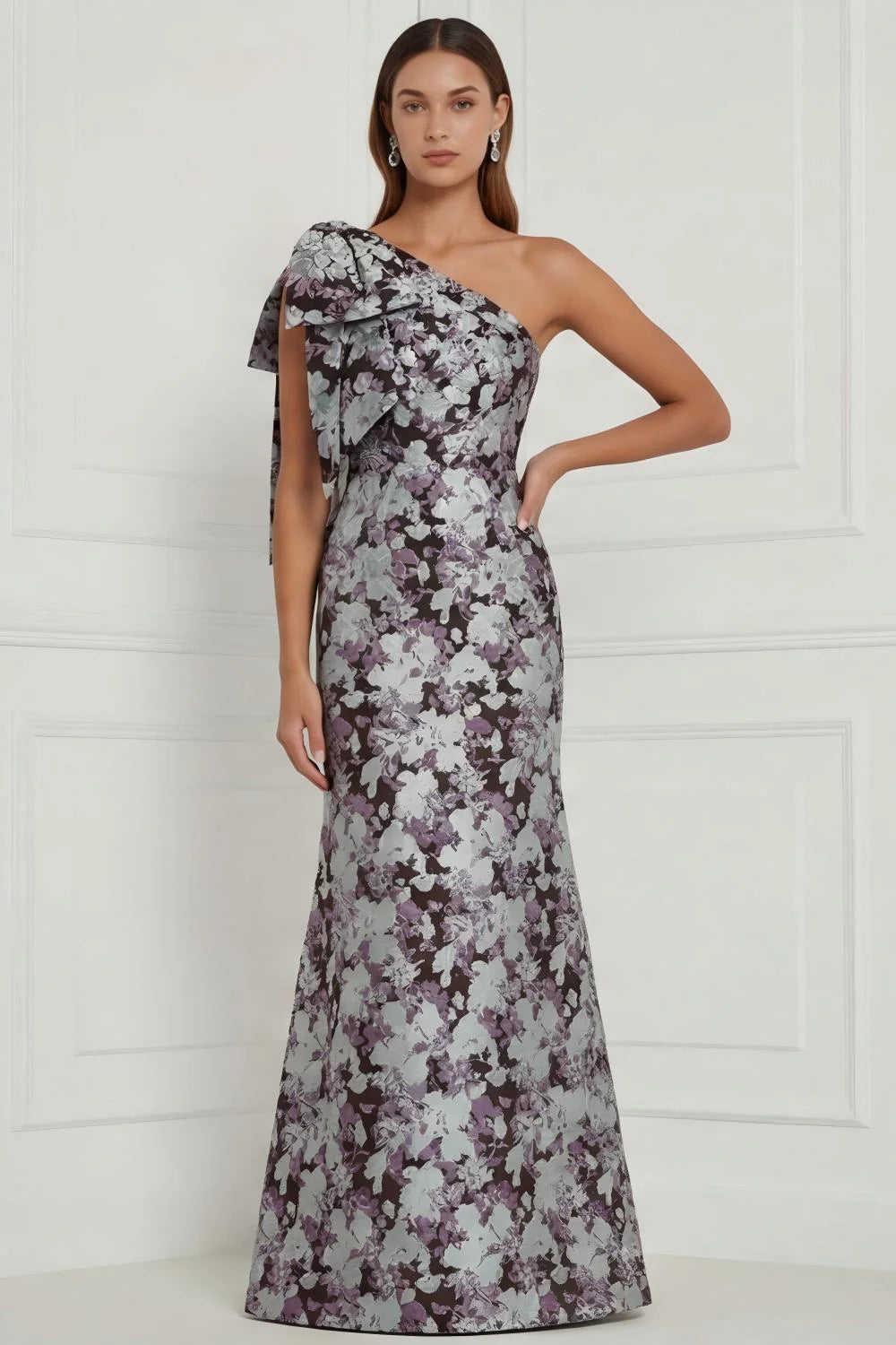 Blue White Flower Mermaid One Shoulder Print Long Bridesmaid Dress with Bow