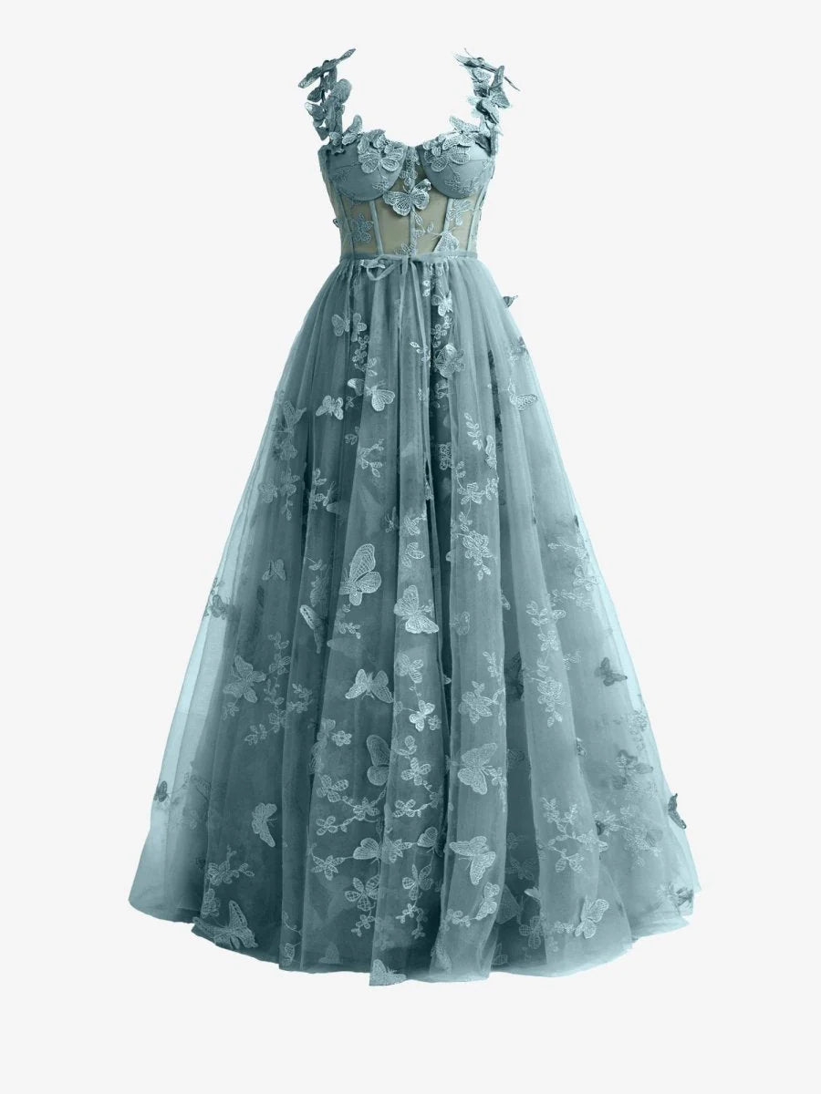 Dusty Blue A line Butterfly Lace Lilac Corset Prom Dress with Slit