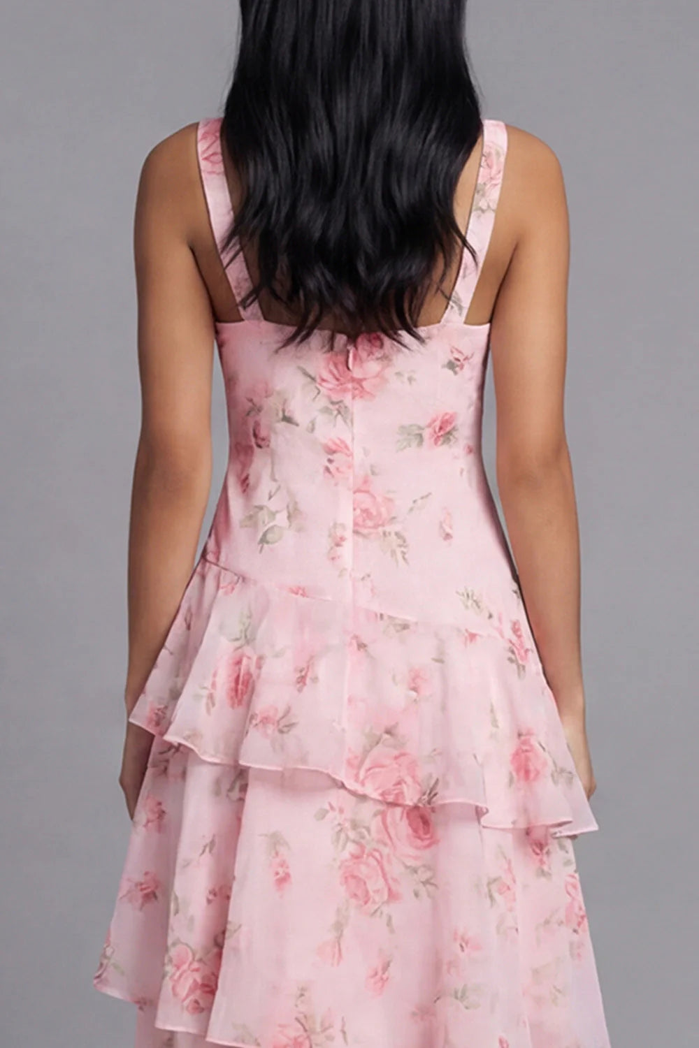 Floral Pink Tiered A Line V Neck Wedding Guest Dress