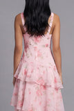 Floral Pink Tiered A Line V Neck Wedding Guest Dress