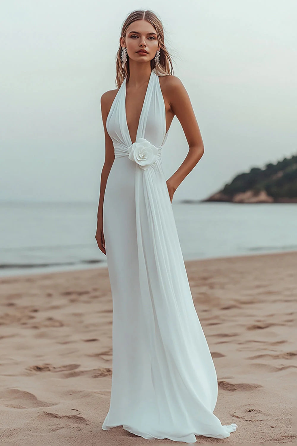 White A Line V Neck Engagement Dress With 3D Flowers