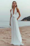 White A Line V Neck Engagement Dress With 3D Flowers