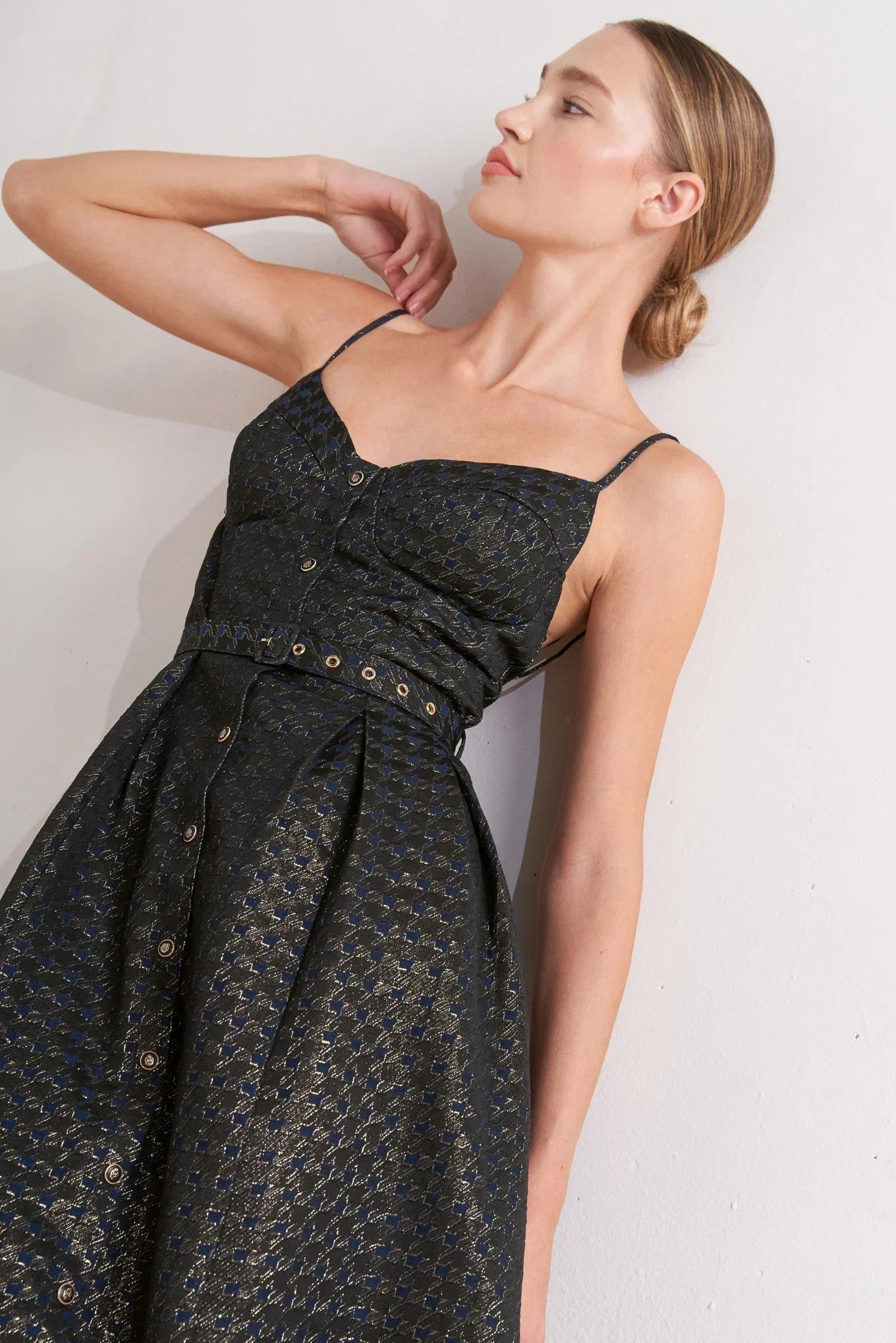 NOIR TAPESTRY NAVY GOLD MIDI DRESS