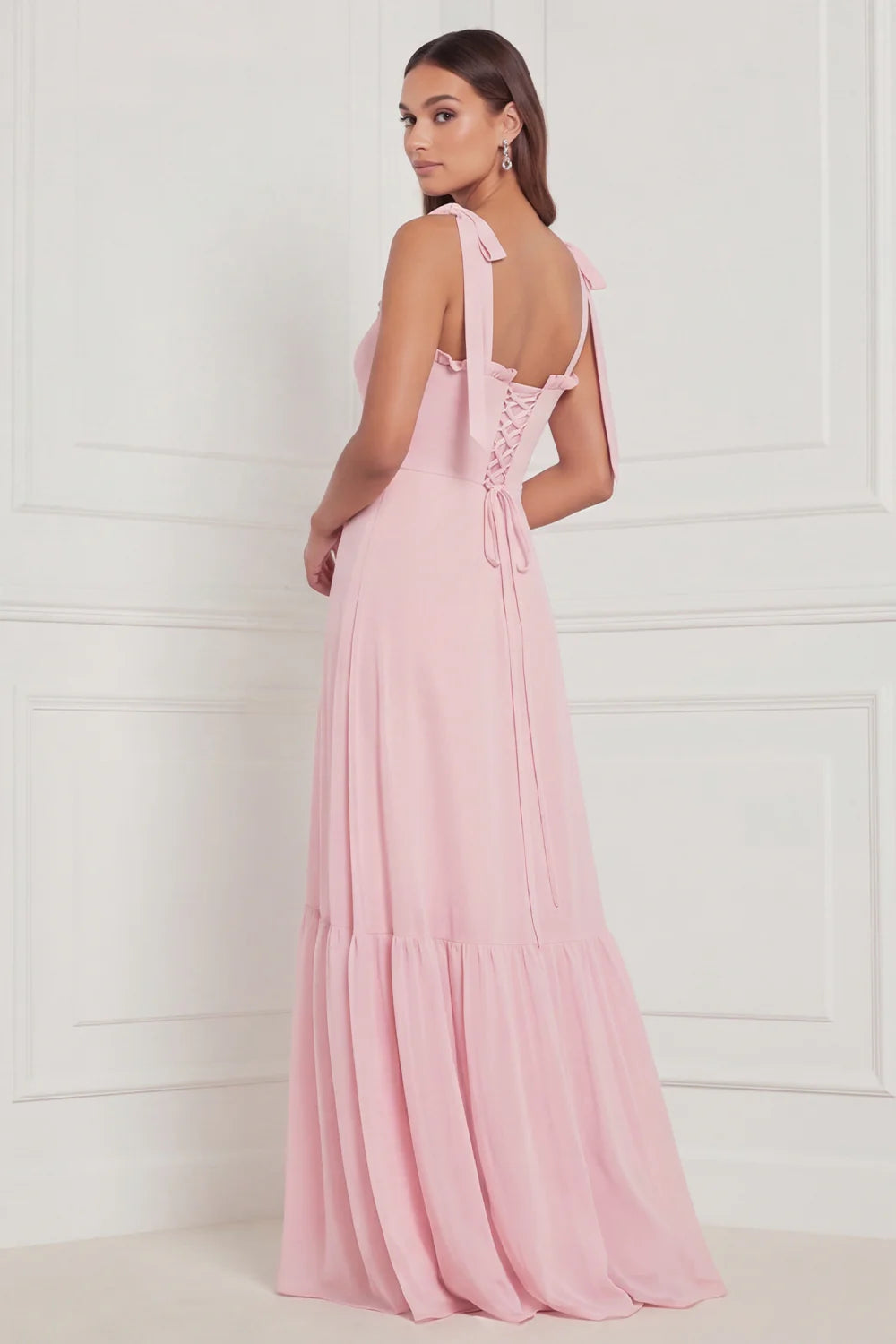 Blue Floral A Line Square Neck Long Bridesmaid Dress