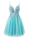 A line Short Spaghetti Strap Glitter Tulle Homecoming Dress