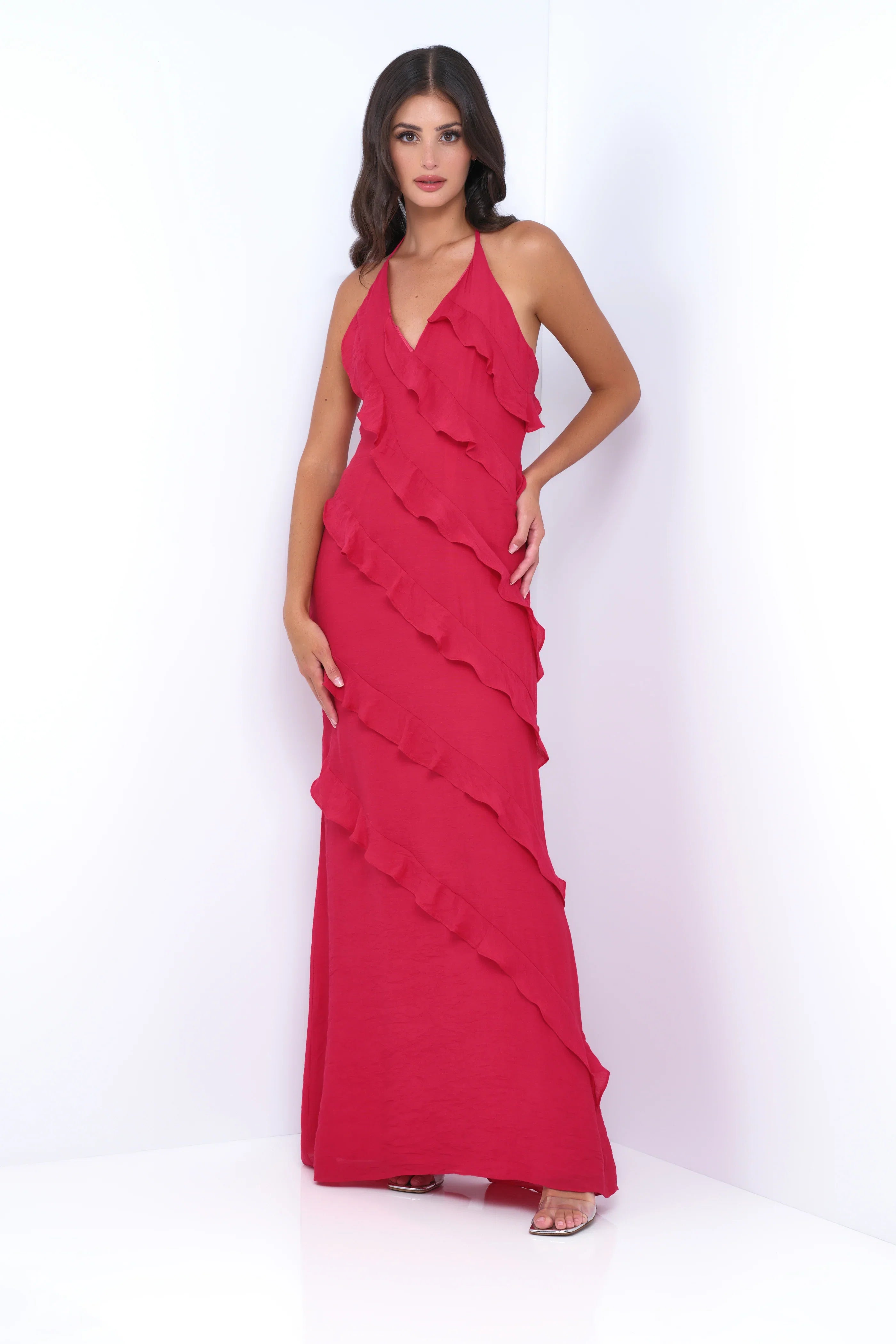 Remi Red Maxi Dress Halter Neck Open Back Ruffle Detail