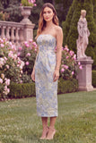 Strapless Light Blue Floral Jacquard Sheath Midi Wedding Guest Dress
