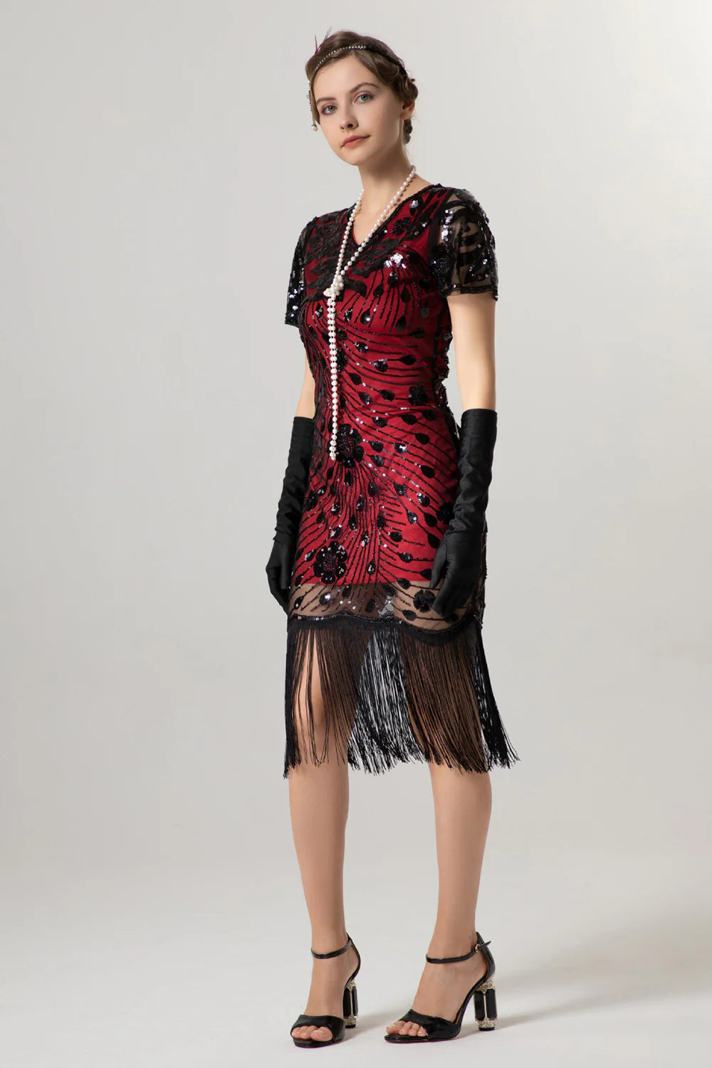 Black Sheath Fringed Midi V Neck 1920s Dress with Sequins
