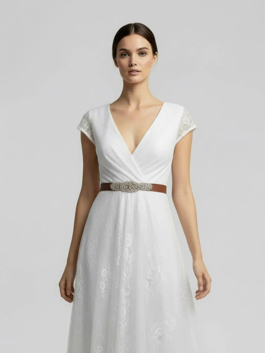 Short Sleeve V neck Pleated Long Lace Wedding Dress