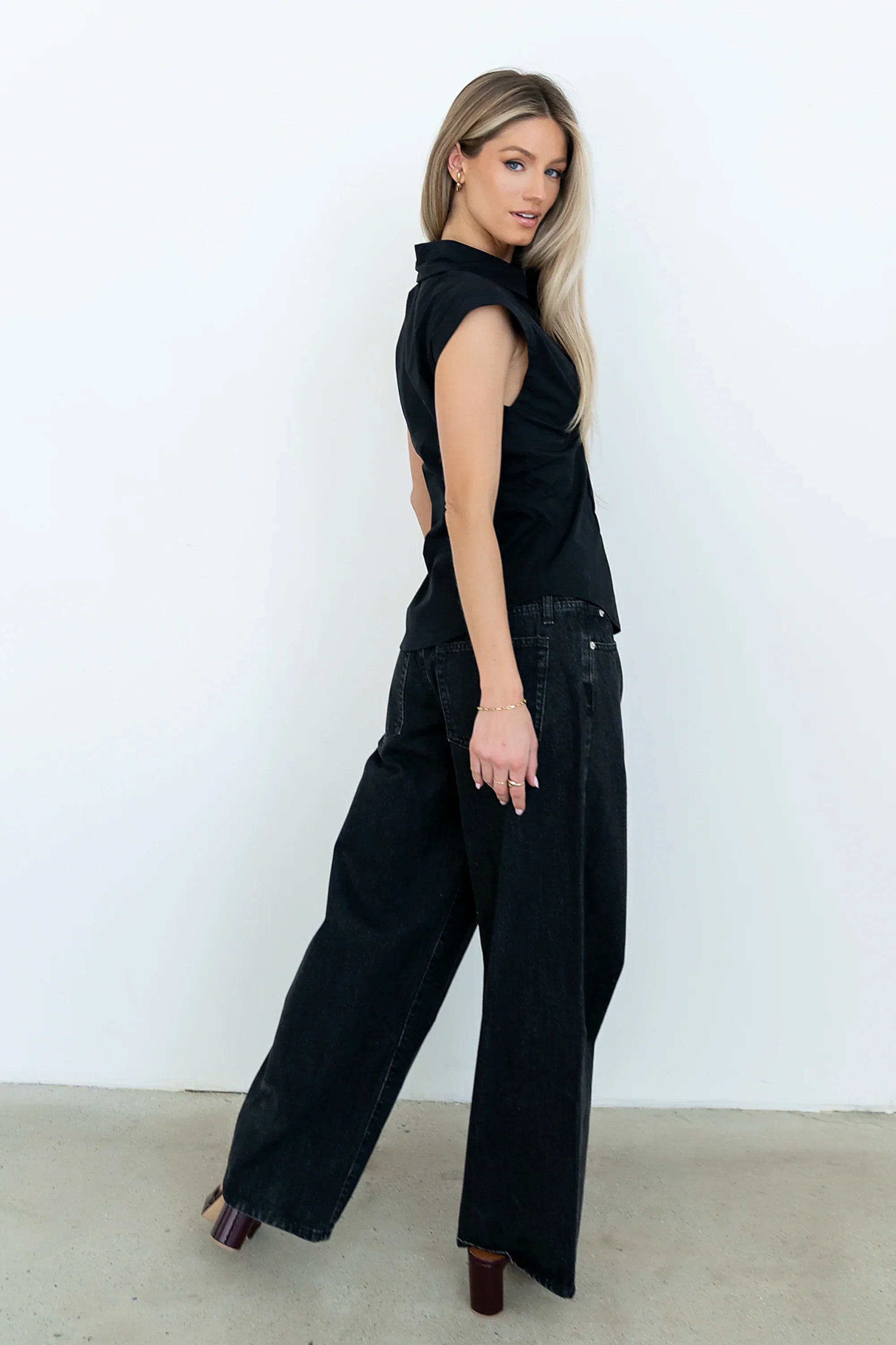 Remi Pleated Button Up in Black