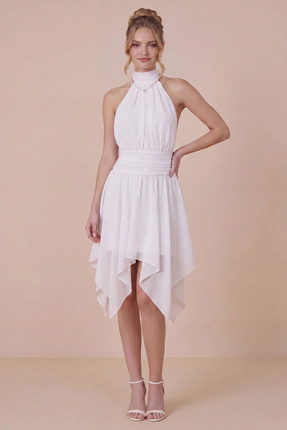 Ruffled Halter White Graduation Dress with Lace up Back