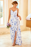 Blue Sheath Column Spaghetti Straps Floral Print Bridesmaid Dress