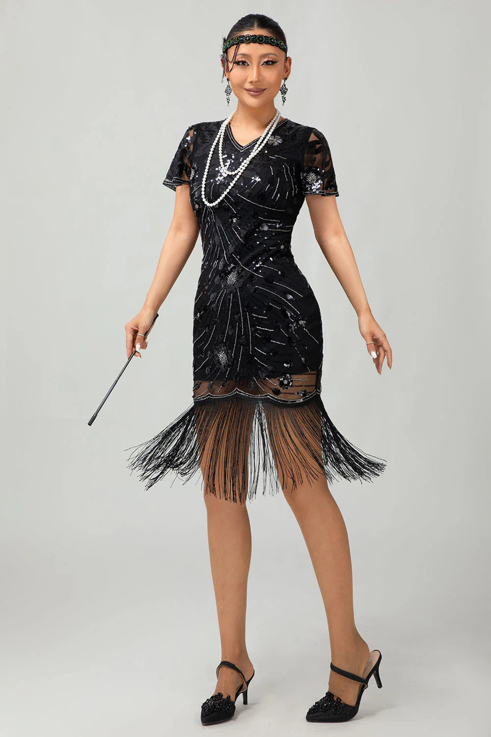 Black Red Fringed 1920s Sequin Flapper Dress