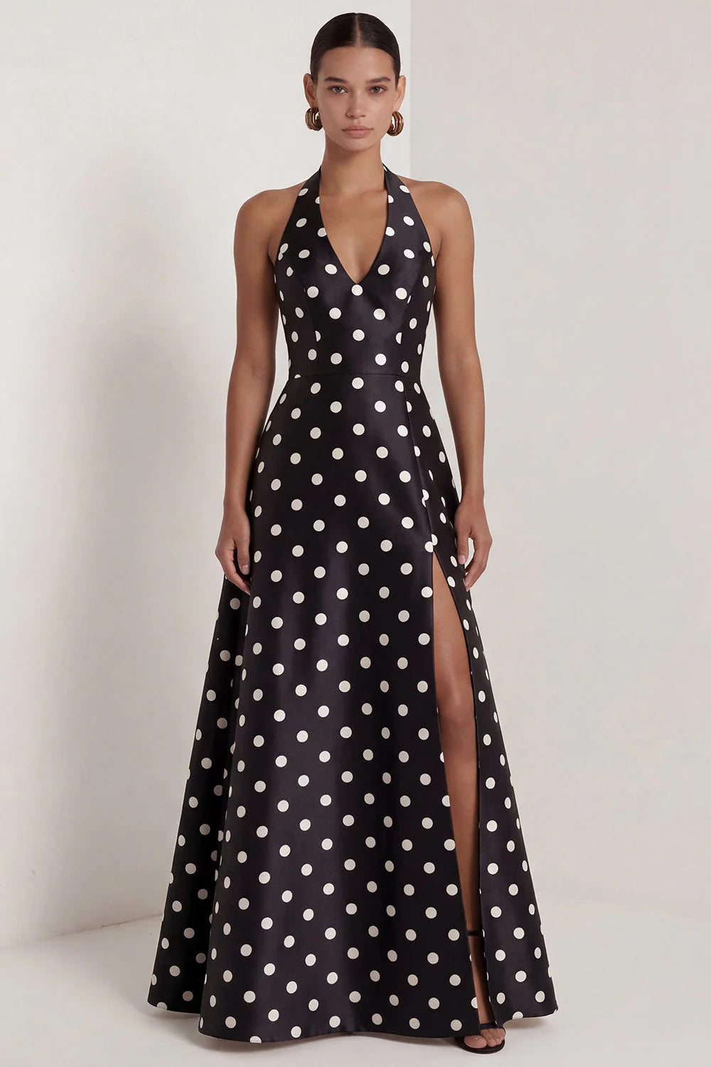 Halter White Black Polka Dot A Line Formal Dress with Slit