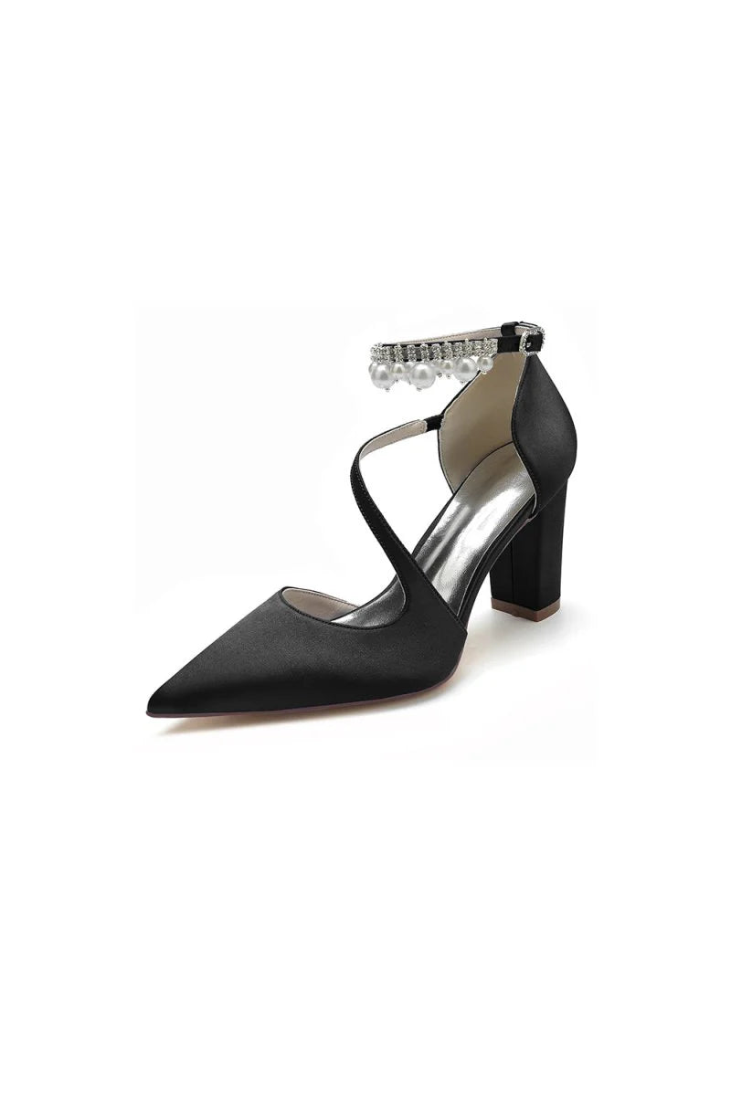 White Satin Heels with Cross Strap Design and Pearl Accented Buckle