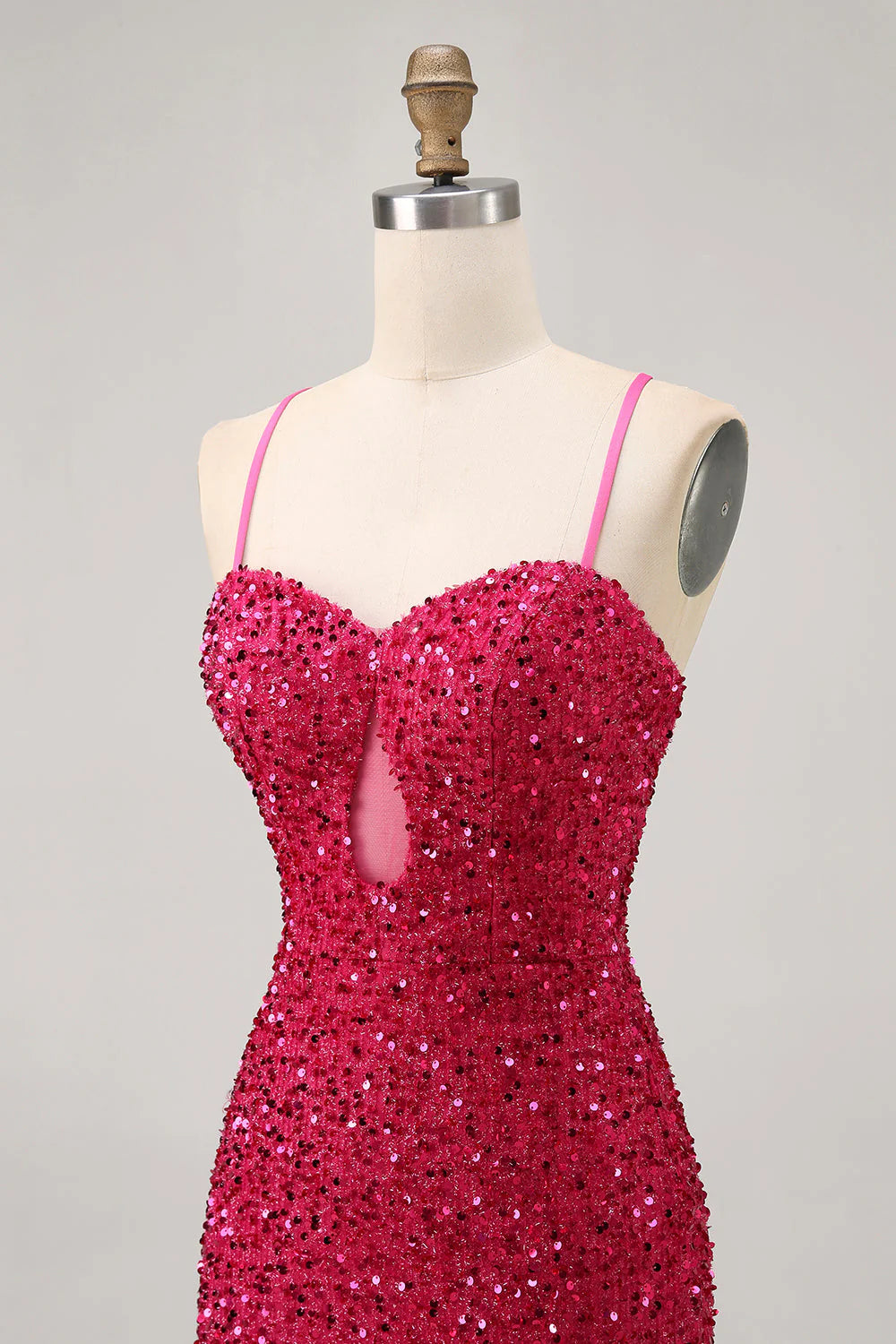 Sparkly Fuchsia Sequins Spaghetti Straps Short Tight Homecoming Dress