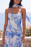 Strapless Blue Flower Wedding Guest Dress with Scarf