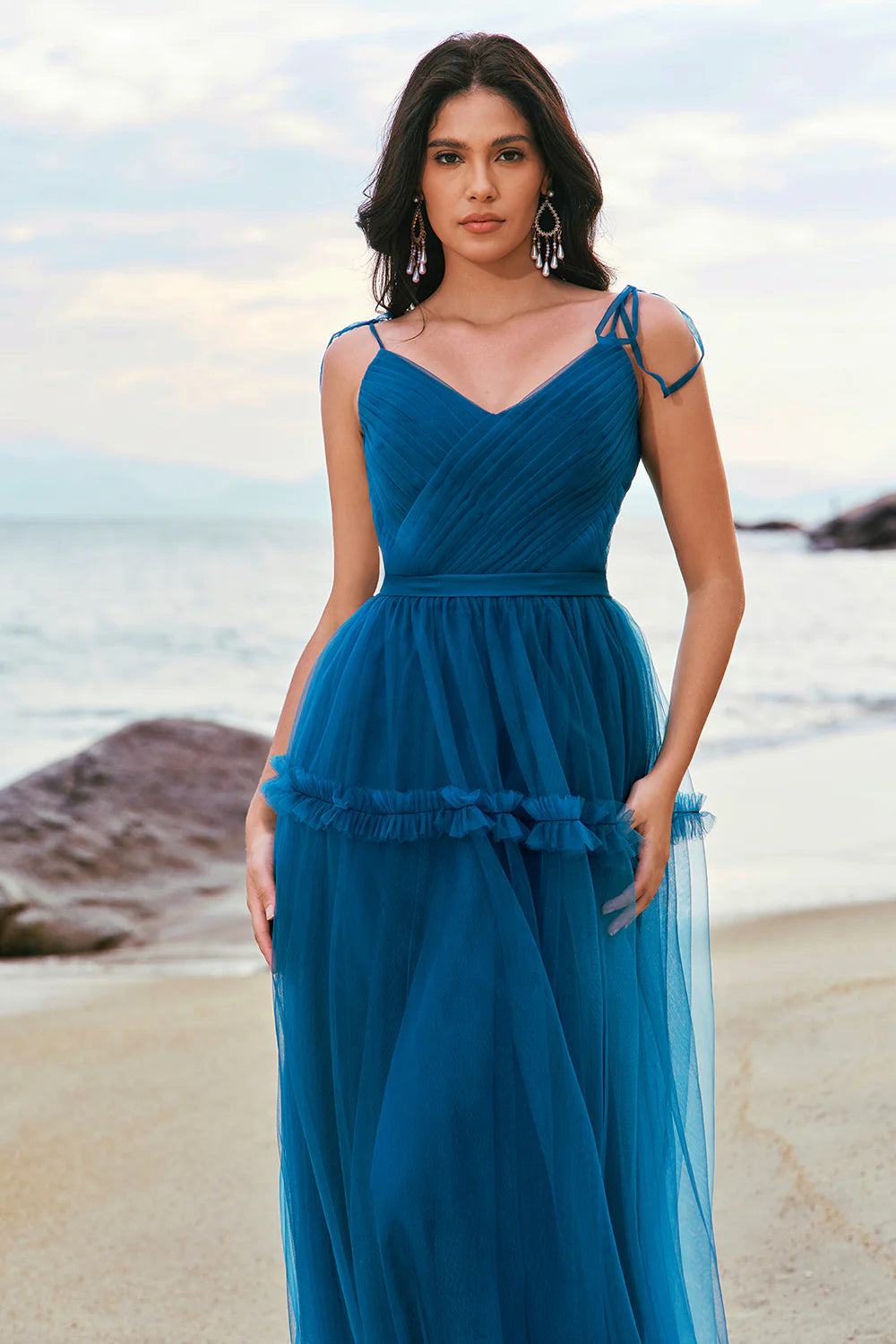 Dark Blue A Line Spaghetti Straps Ruched Long Tulle Bridesmaid Dress