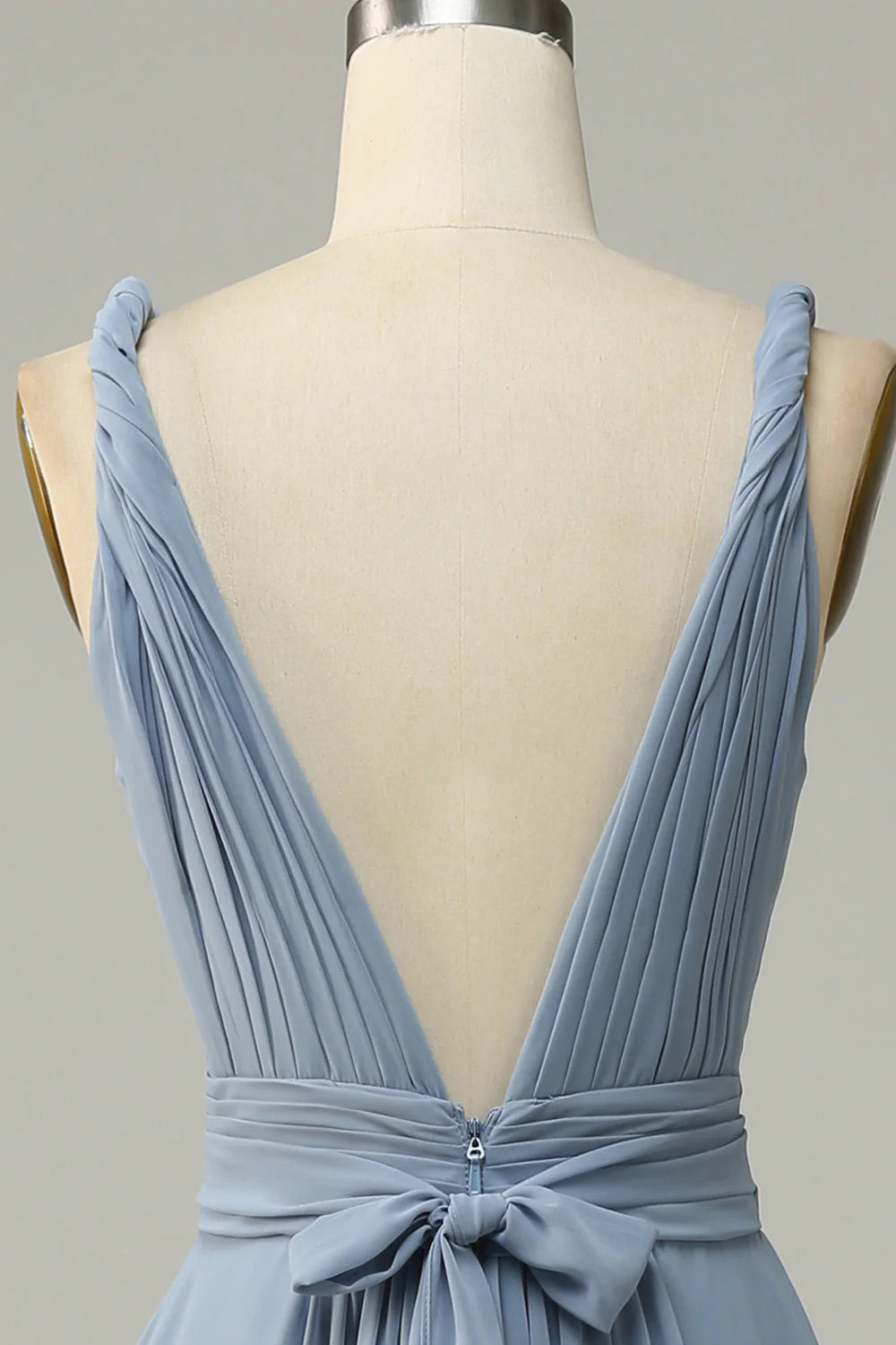 Dusty Blue A Line Deep V Neck Chiffon Bridesmaid Dress