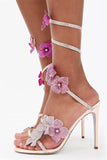 Beaded Pink Flowers Strappy High Heeled Sandals