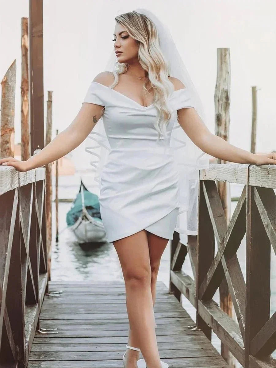 Sheath Off the Shoulder Satin Simple Wedding Dress Sleeveless Short Hemline