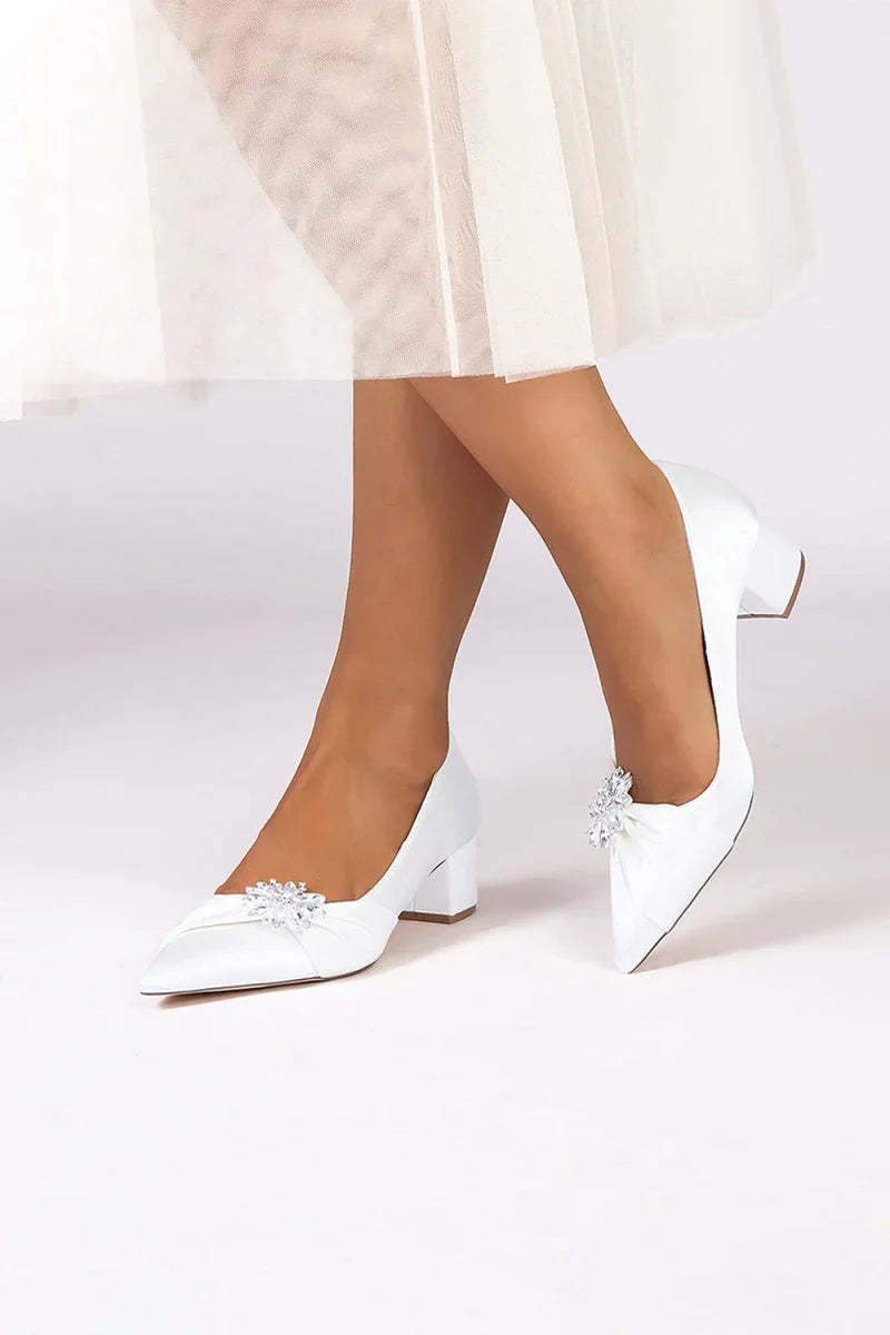 Satin Pointed Toe Slip on Party Shoes With Crystal