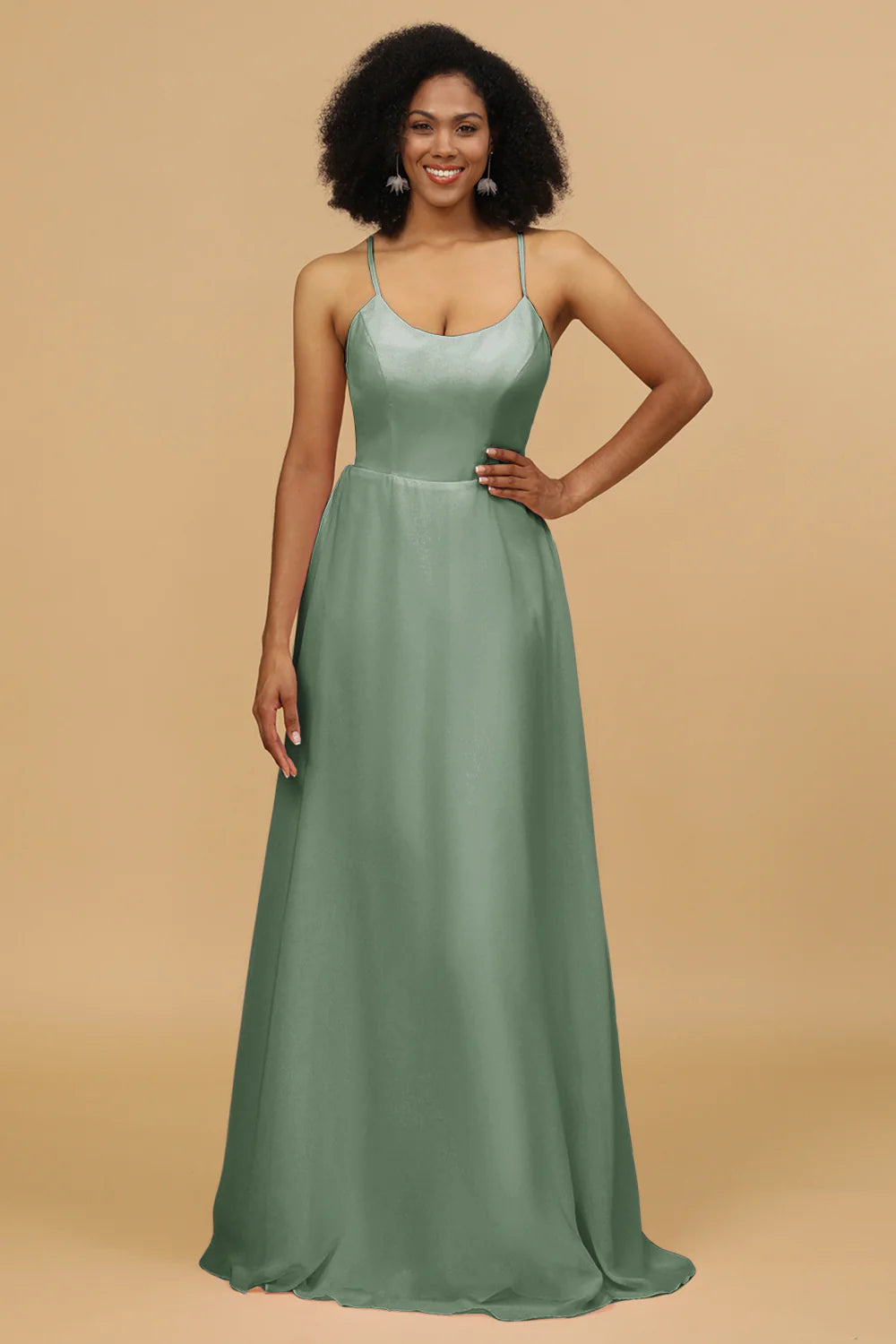Sheath Column Spaghetti Straps Long Chiffon Bridesmaid Dress