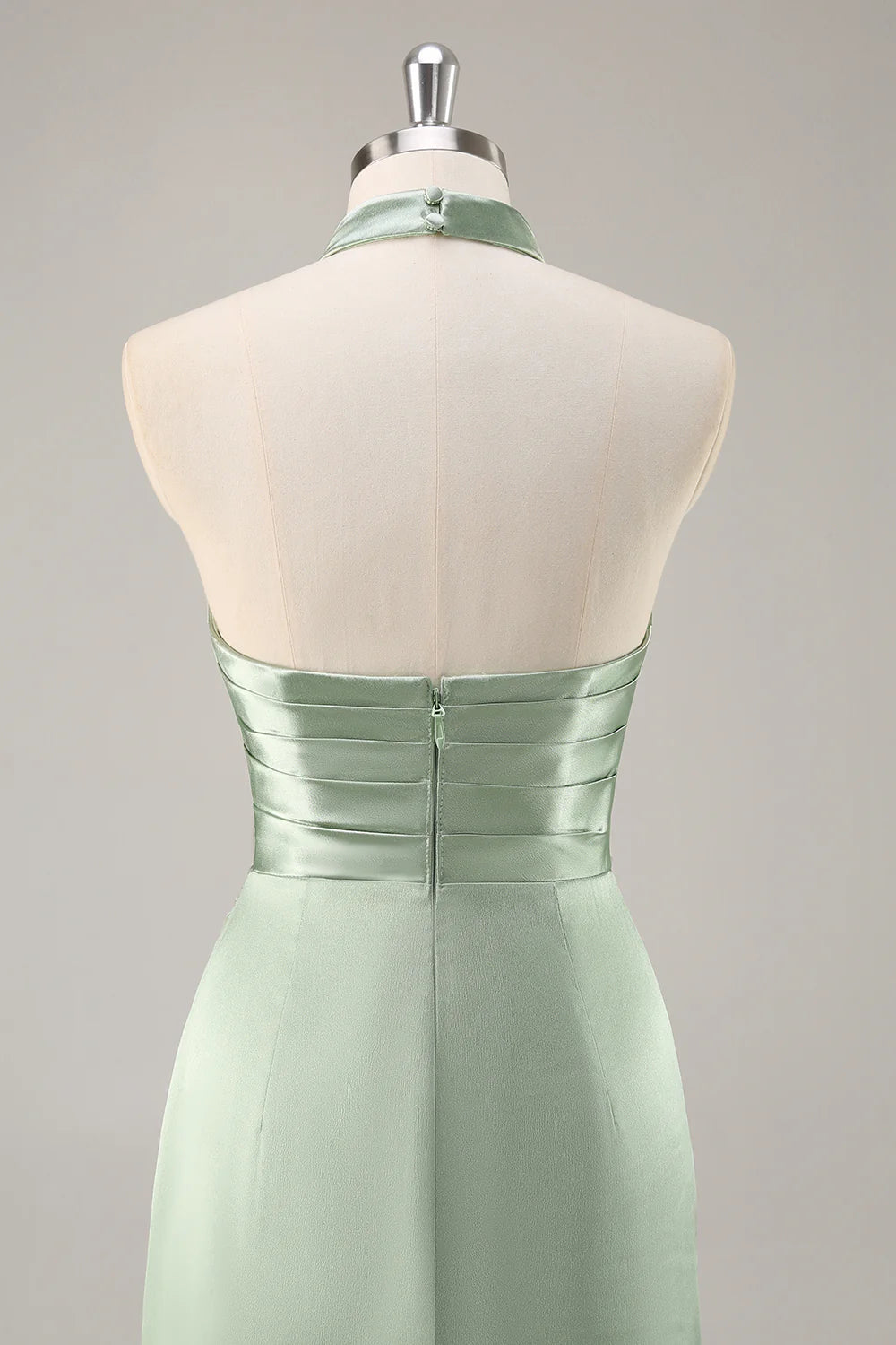 Blush Sheath Halter Satin Pleated Open Back Long Bridesmaid Dress with Slit