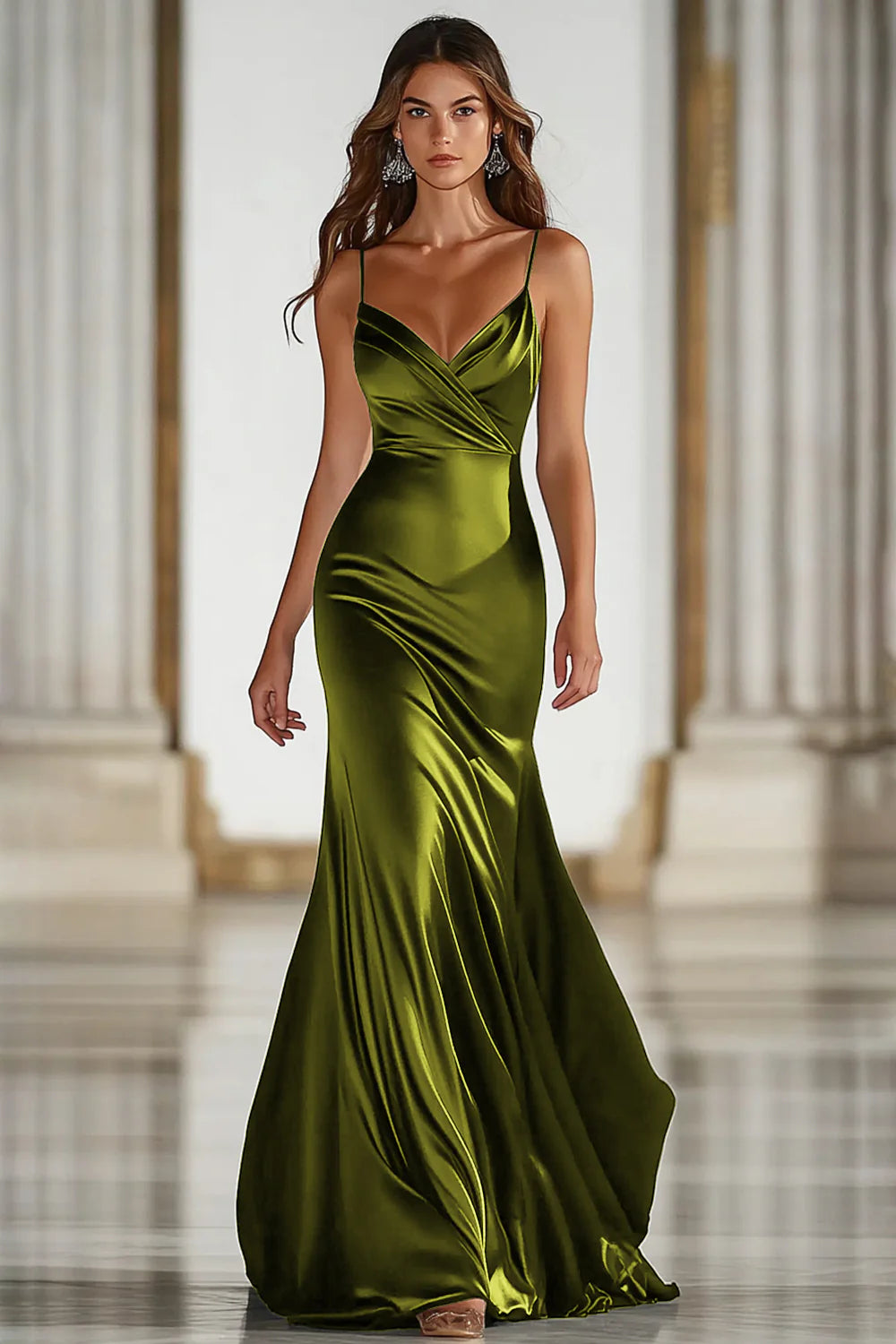 Dark Green Mermaid Spaghetti Straps Satin Long Gala Dress