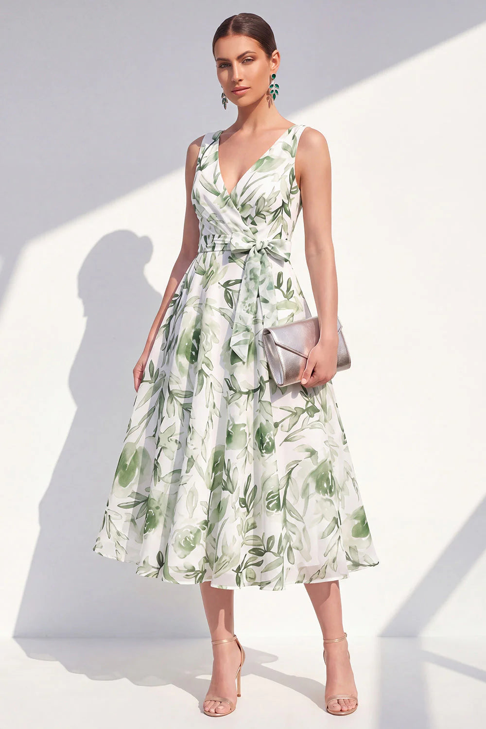 Purple Flower A Line V Neck Wedding Guest Dress with Belt