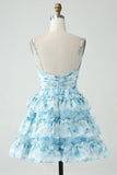 Blue Flower A Line Tiered Pleated Short Homecoming Dress