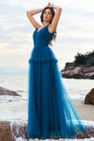 Dark Blue A Line Spaghetti Straps Ruched Long Tulle Bridesmaid Dress