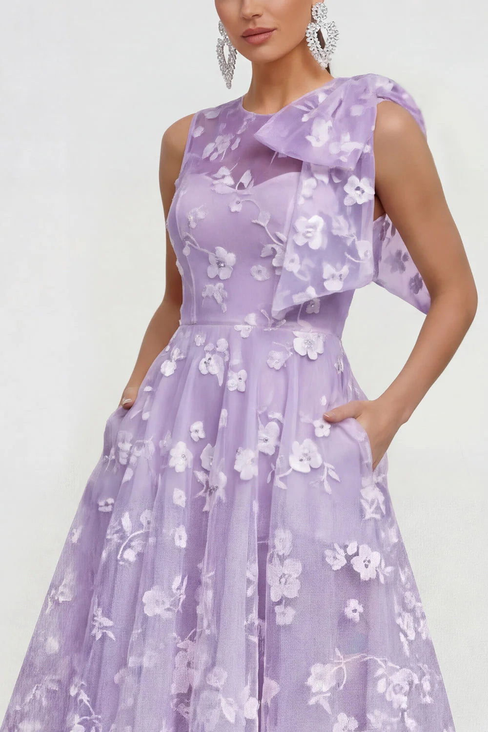 Floral Apricot A Line Bowed Midi Wedding Guest Dress