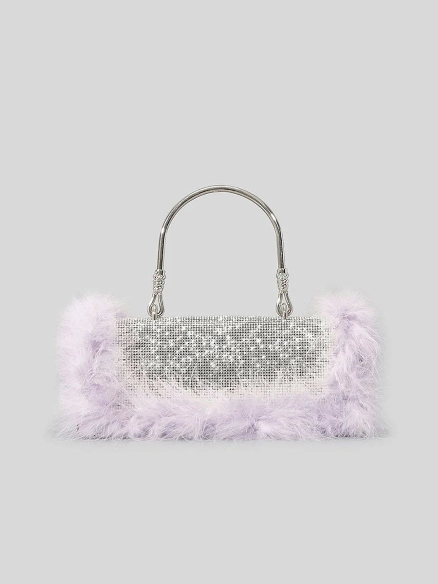 Womens Furry Rhionestones Evening Clutch Bags