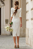 Ivory Satin Sheath Bateau Neck Midi Rehearsal Dinner dress