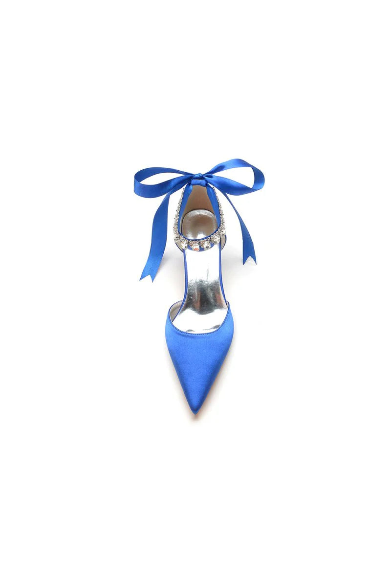 Pointed Toe Ribbons Kitten Heels With Diamond