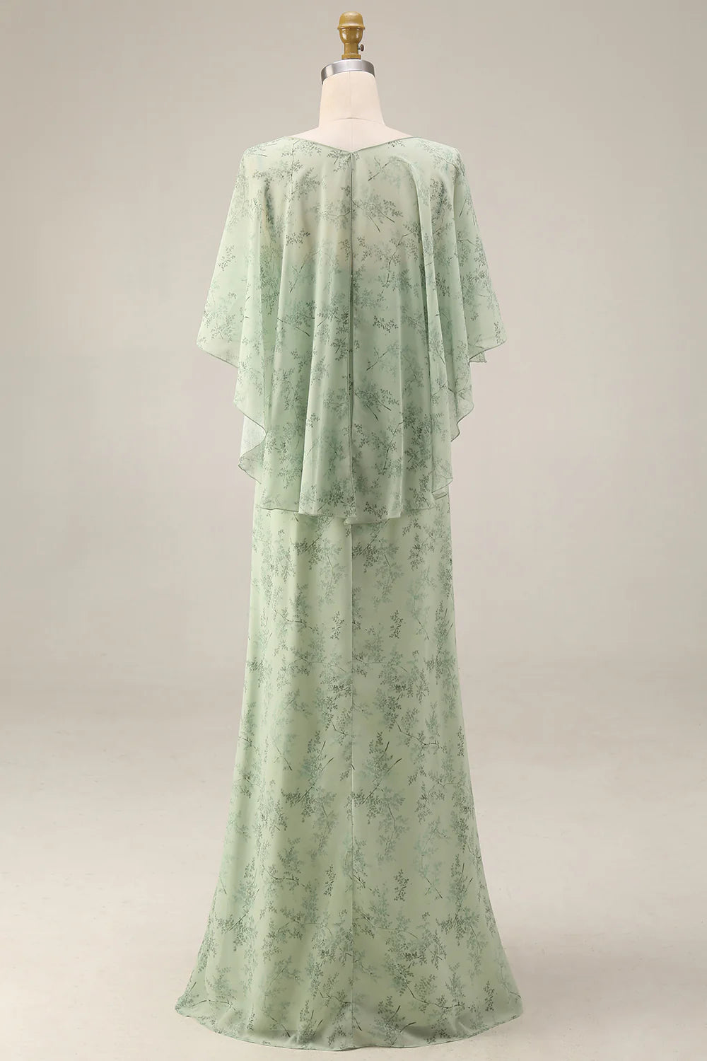 Dusty Sage Floral 2 Piece Chiffon A Line Wedding Guest Dress with Cape