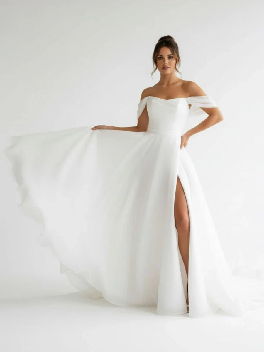 Elegant White Off the Shoulder Long Wedding Dress with Slit