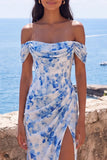 Blue Floral Off the Shoulder Wedding Guest Dress with Slit