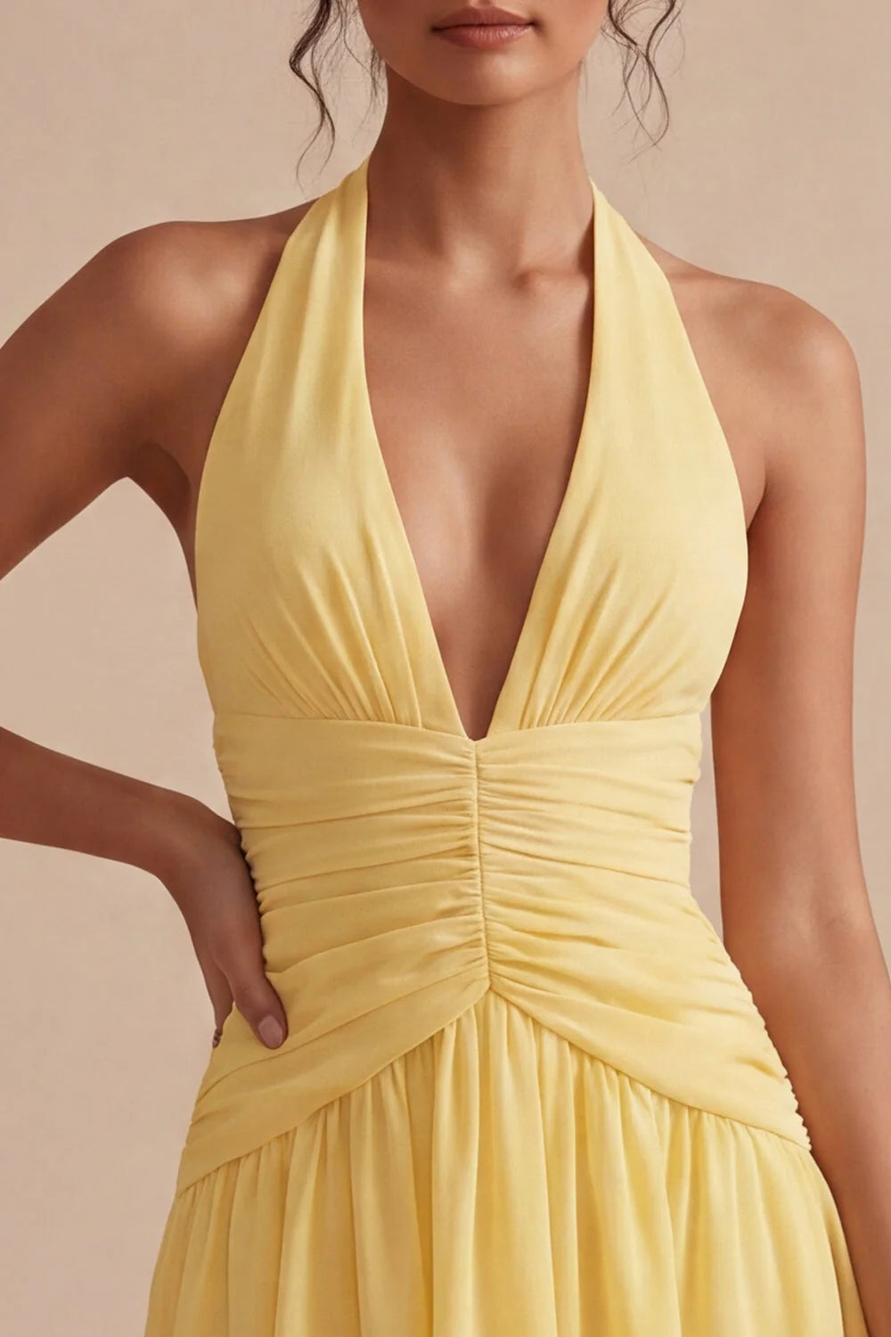 Halter A Line Daffodil Ruched Short Graduation Dress