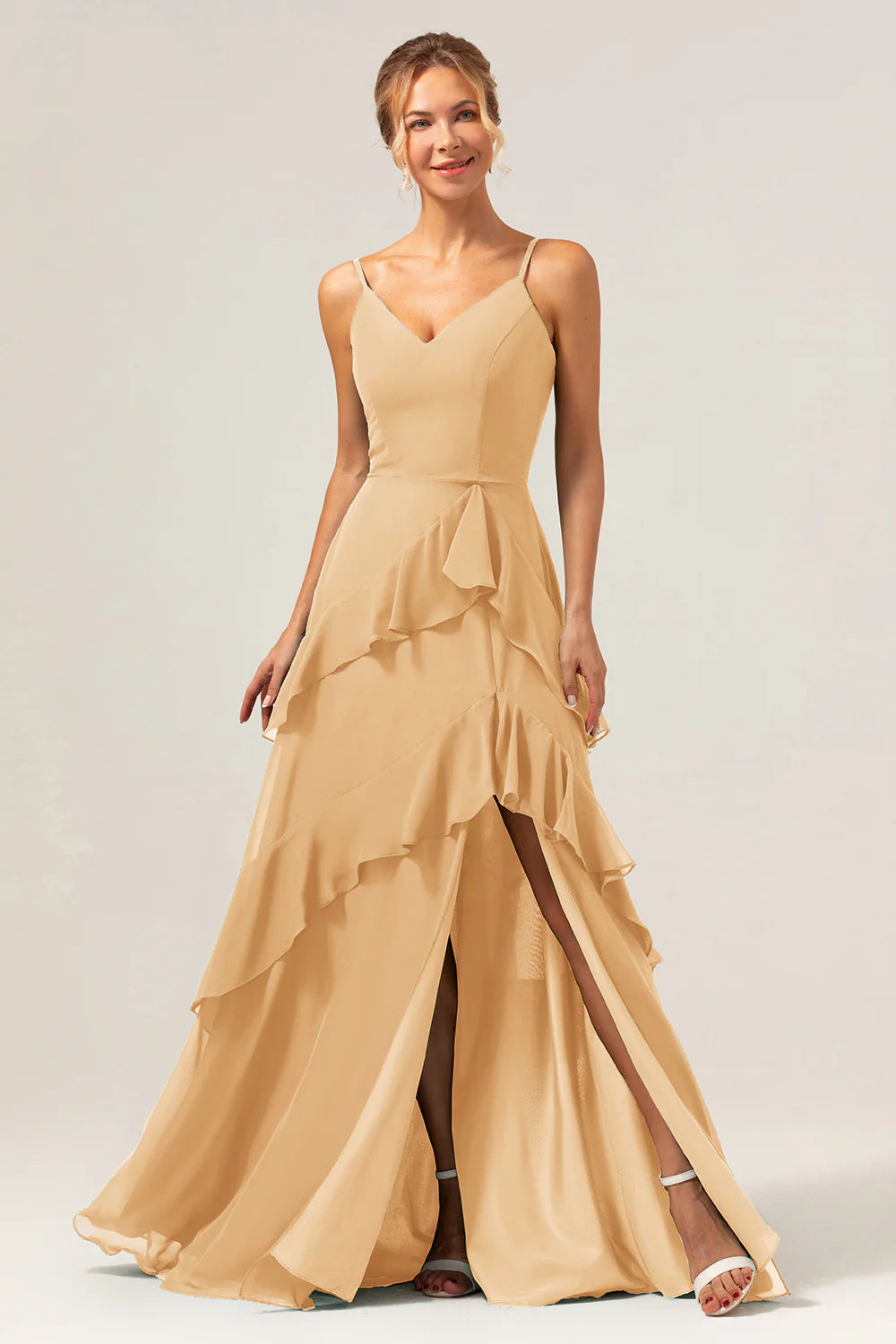 Dark Green A Line Spaghetti Straps Ruffled Chiffon Floor Length Bridesmaid Dress with Slit
