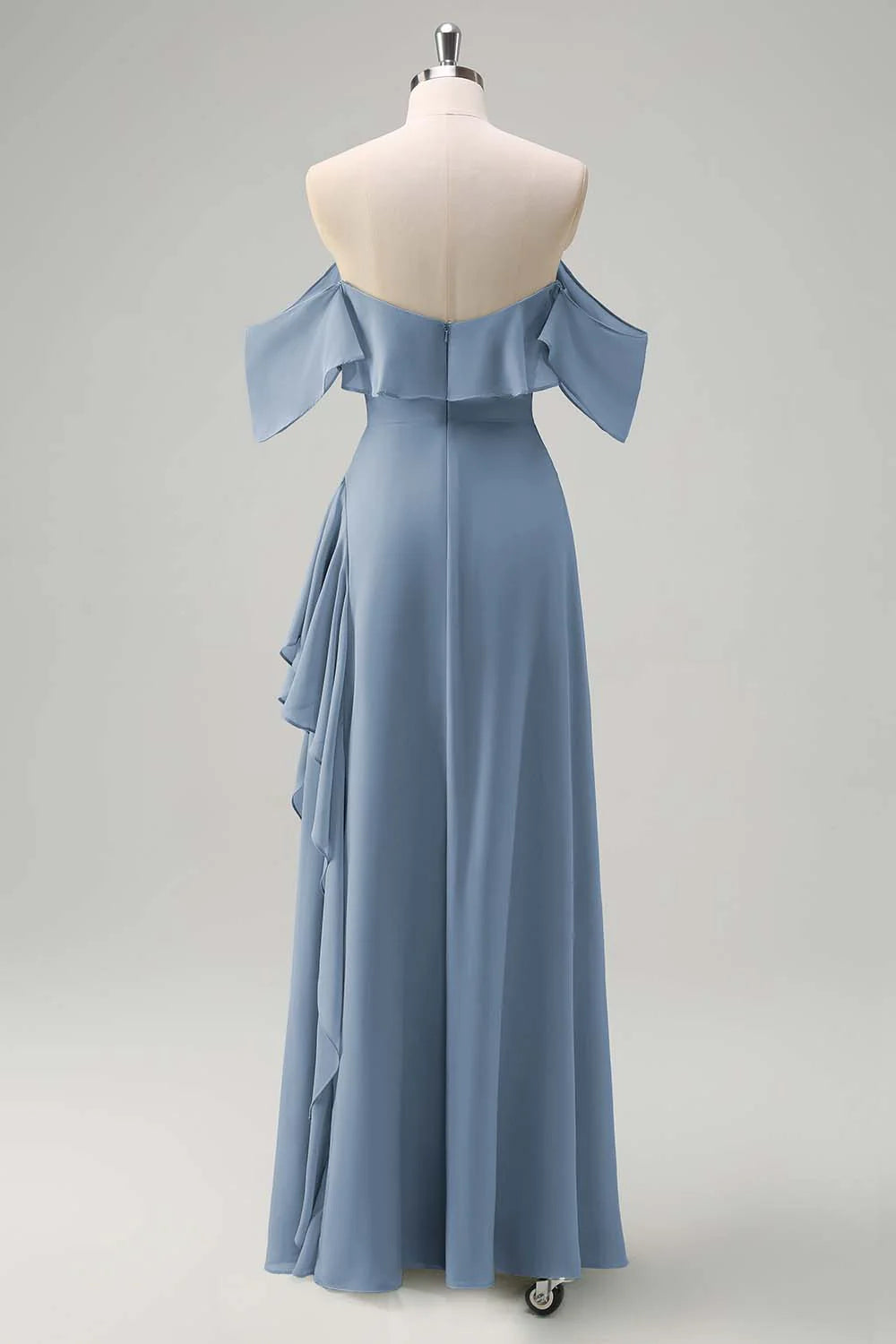 Light Green Sheath Off The Shoulder Chiffon Long Bridesmaid Dress with Ruffle Slit