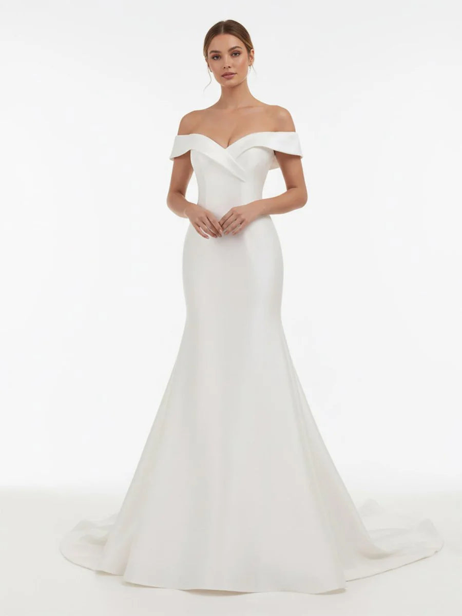 Chic Satin Off the Shoulder Sleeveless Sweep Train Bridal Dress
