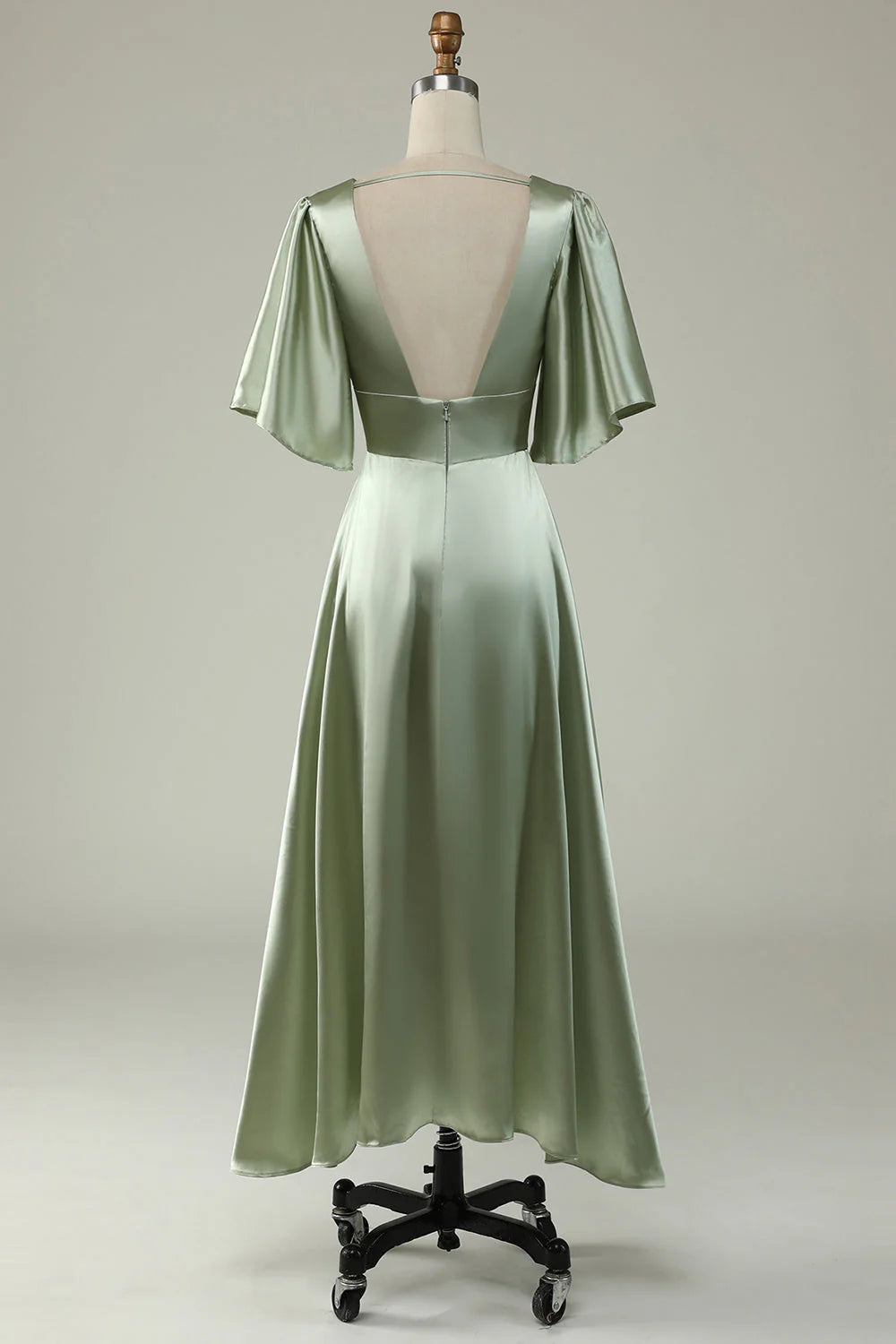 Dusty Sage A Line Deep V Neck Midi Dress with Half Sleeves