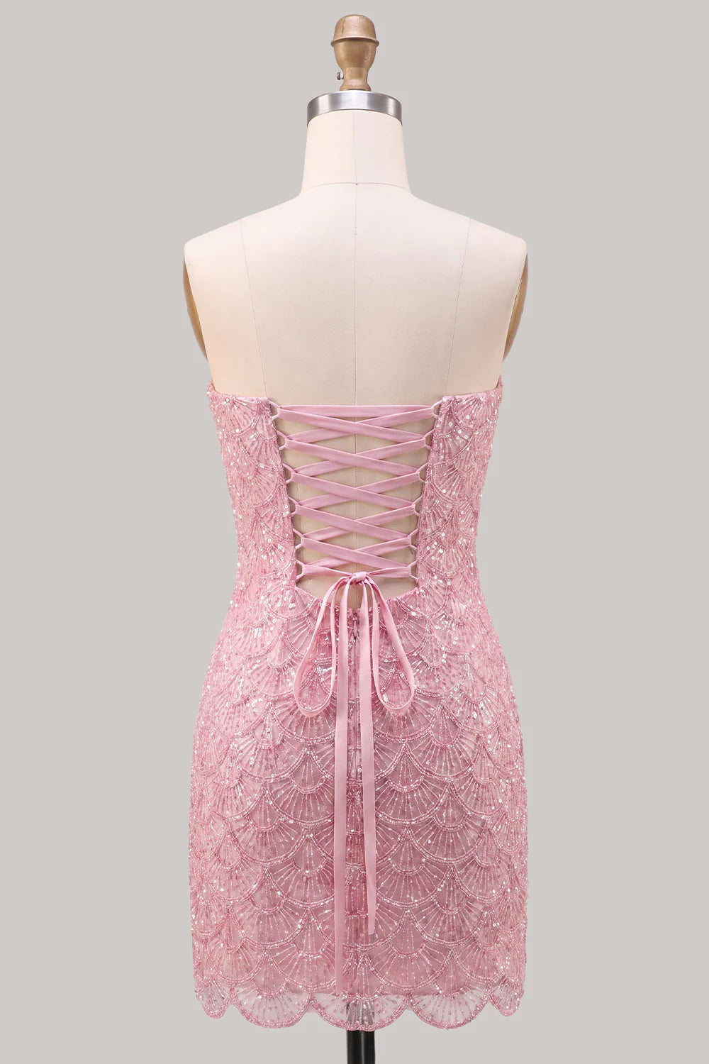 Sparkly Pink Strapless Bodycon Homecoming Dress with Lace up Back