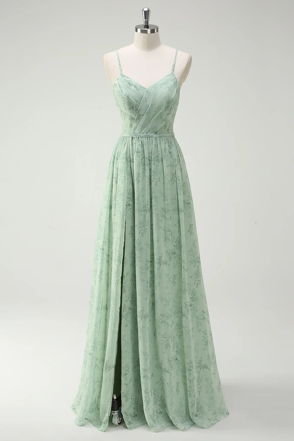 Dusty Sage A Line Spaghetti Straps Print Floral Long Bridesmaid Dress with Slit