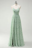 Dusty Sage A Line Spaghetti Straps Print Floral Long Bridesmaid Dress with Slit