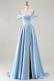 Off the Shoulder A Line Blue Satin Long Bridesmaid Dress with Slit