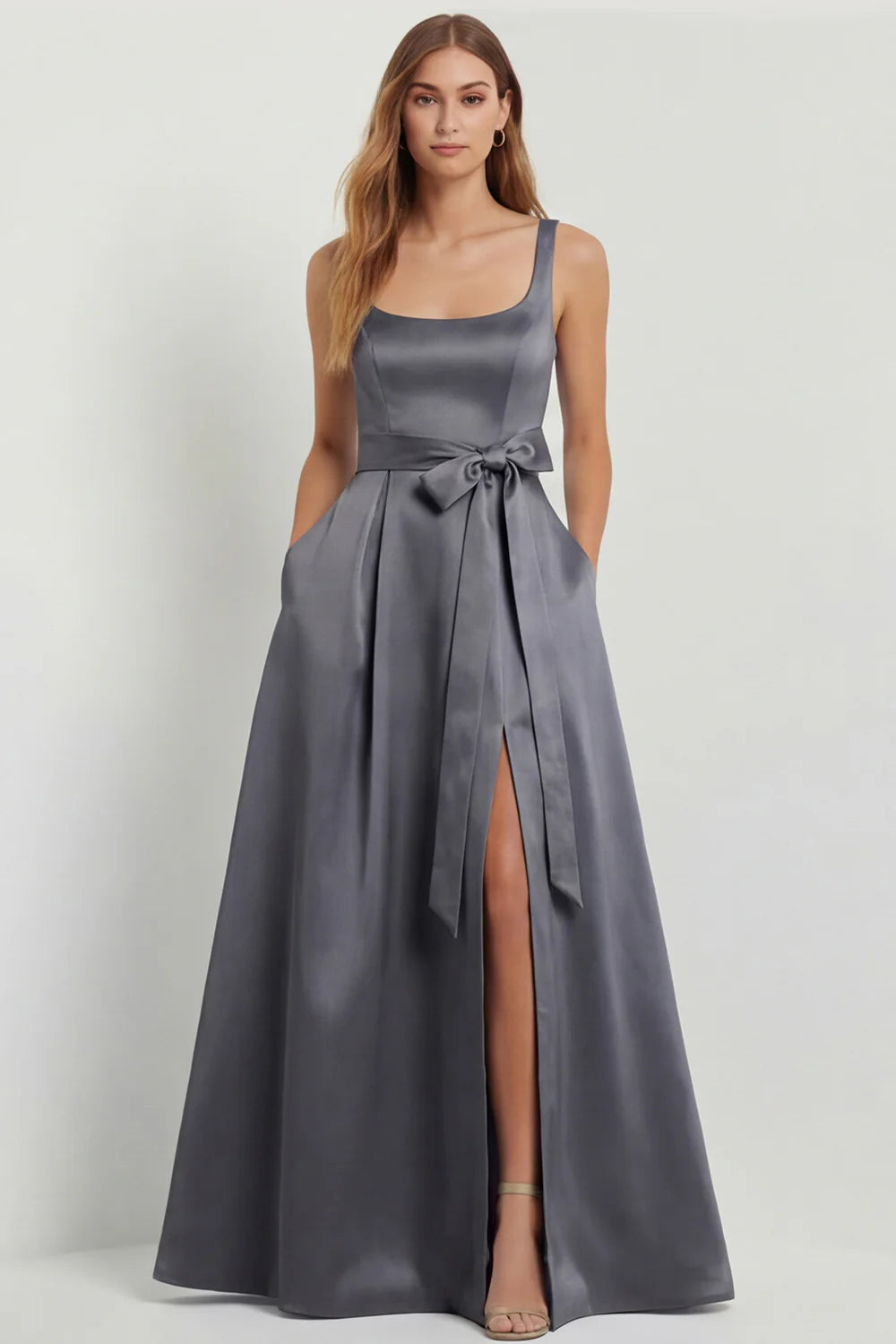Light Blue A Line Square Neck Bow Satin Long Bridesmaid Dress with Slit