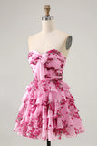 Strapless Pink Flower A line Tiered Short Homecoming Dress with Bow